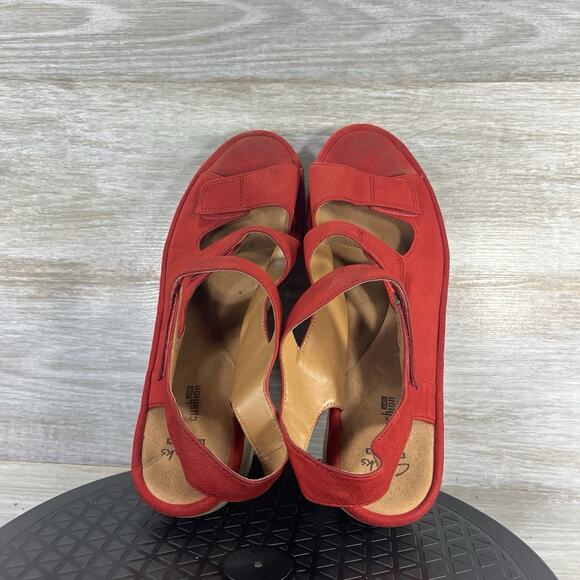 Clarks Women’s Reedly Juno Red Leather Nubuck Wedge Sandals Size 10 - Picture 6 of 8